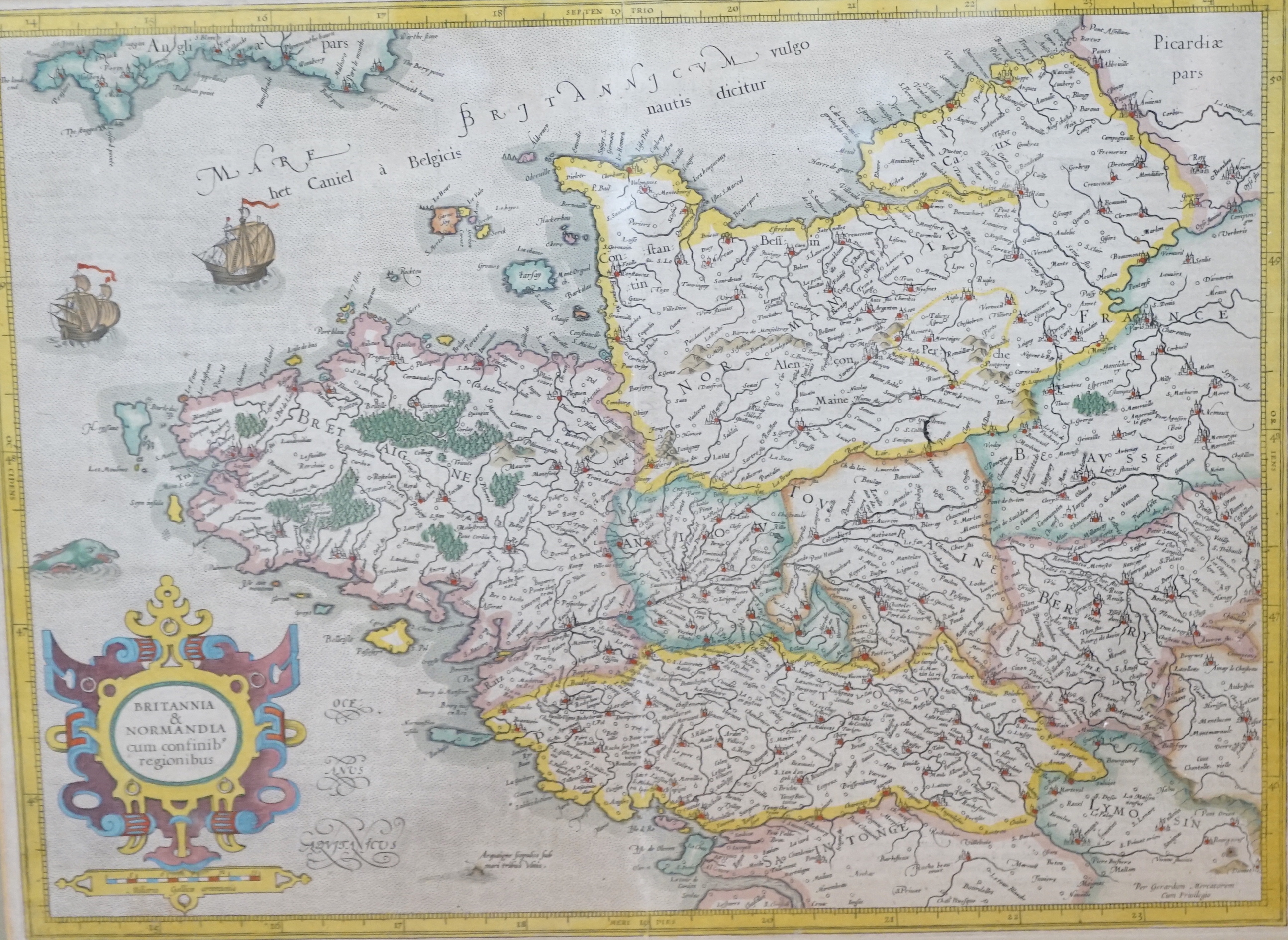 After Gerard Mercator (1512-1594) BRITTANY AND NORMANDY from the Atlas Sive Cosmograph, hand-coloured engraved map of ‘’Britannia et Normandia cum conifib regionibus’’, 36 x 48cm